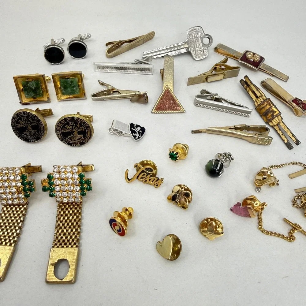 Vintage Mens Jewelry Lot of 26 Cufflinks Tie‎ Clips Pins Rhinestone Vintage